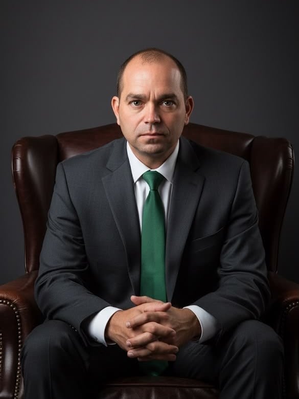 Gibrán González de traje y corbata verde, sentado en un sillón de cuero